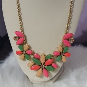 Floral Statement Necklace in Pink, Green, and Cream